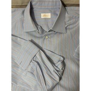 Brioni Men's Dress Shirt Size 42/16.5 Striped Blue/Brown 100% Cotton Made Italy